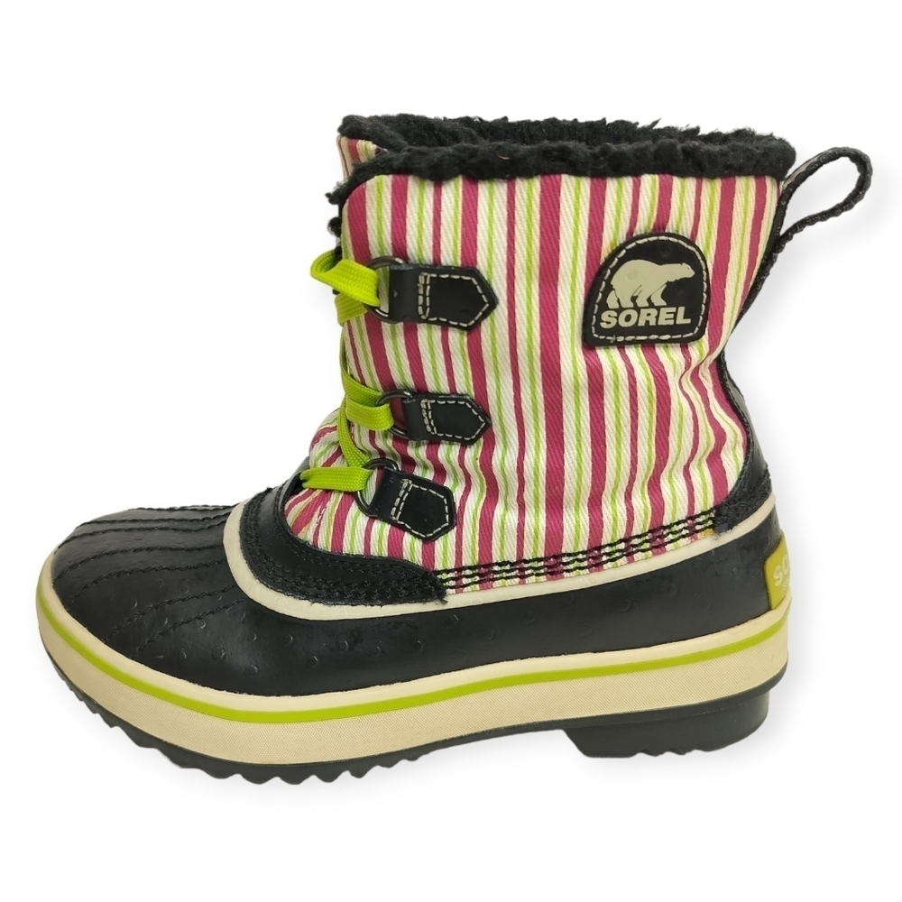 SOREL Tivoli Rubber Pink Green Striped Youth 4 Winter Duck Boots Faux Fur Trim - Picture 6 of 15